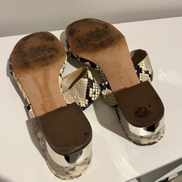 Ann Taylor Cream Black Faux Snakeskin Block Heel Slides - Size 8 - Picture 6 of 6